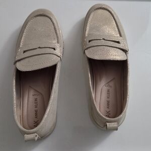 Anne Klein "Kinetic" Shimmery Beige/Gold Penny Loafers